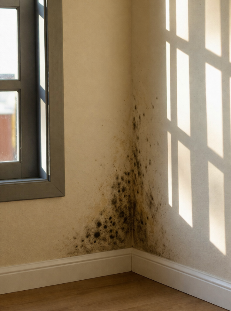 Early-stage mold growth in wall corner near window