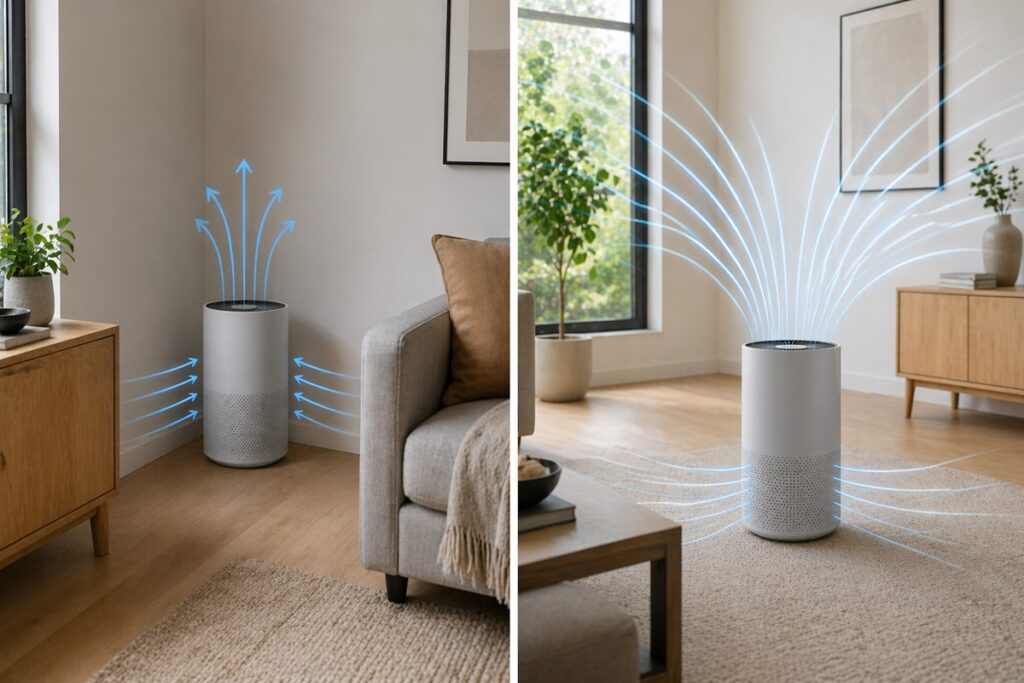 Comparison showing blocked versus correct air purifier placement