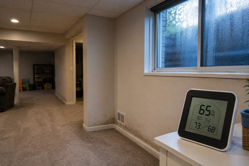 Basement with visible signs of humidity and mold risk conditions