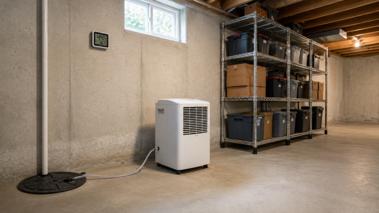 Dehumidifier, humidity monitor, sump pump, and raised storage shelves in a dry unfinished basement for mold prevention