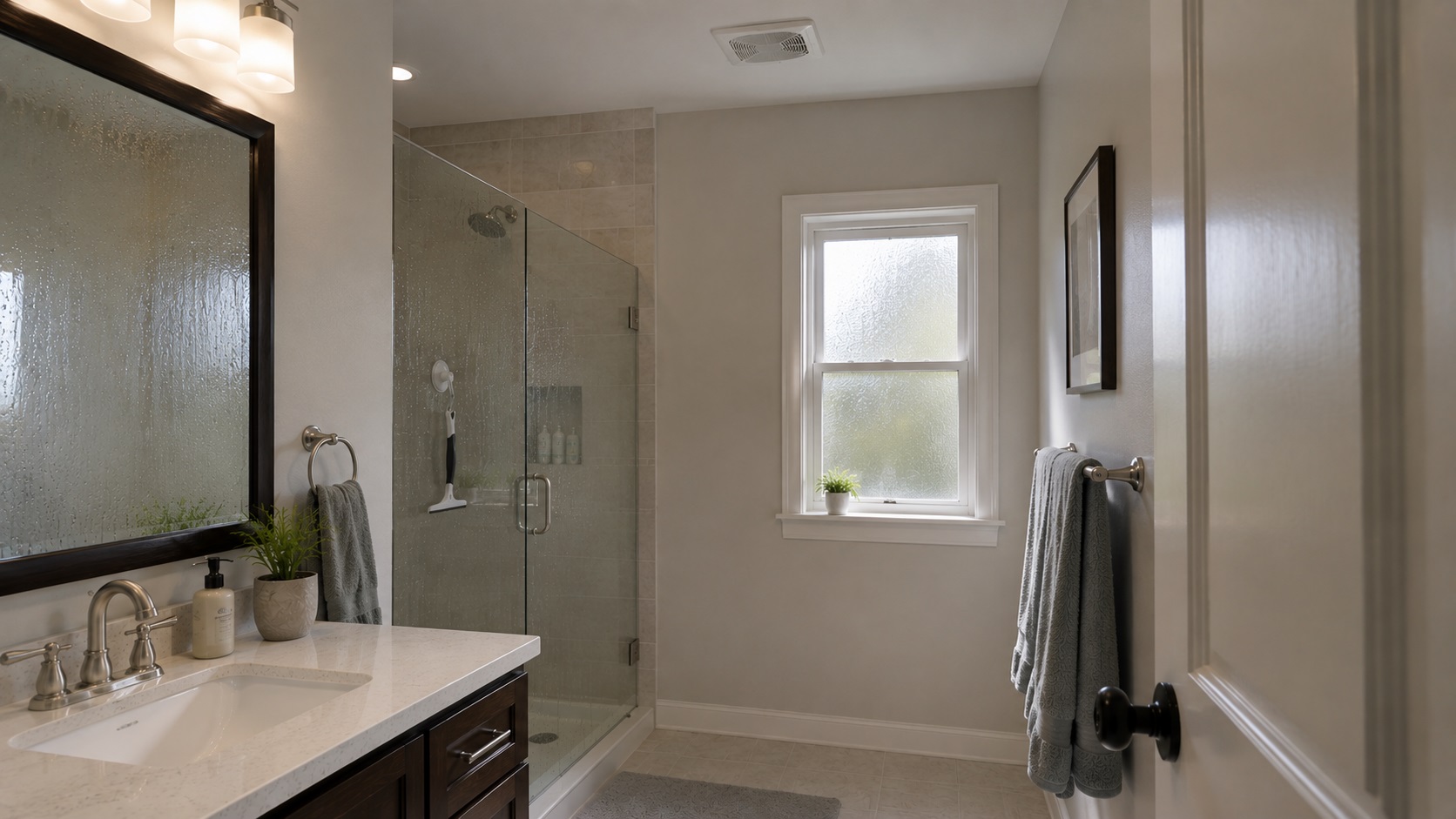 Modern bathroom drying after a shower with an exhaust fan, fogged glass, damp surfaces, and towels to help prevent mold on bathroom walls.