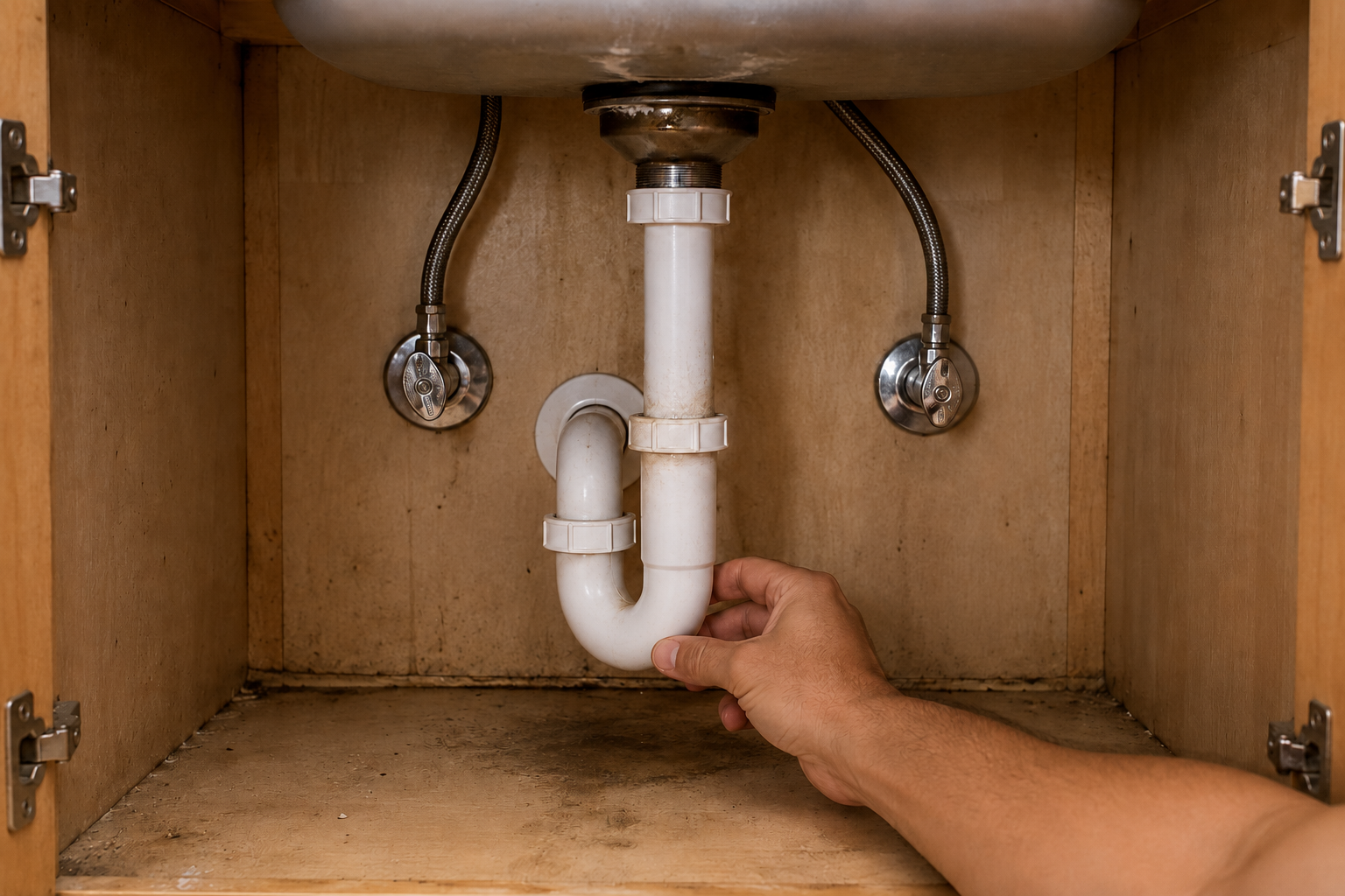 A person inspecting the P-trap and drain connections beneath a kitchen sink for signs of hidden leaks.