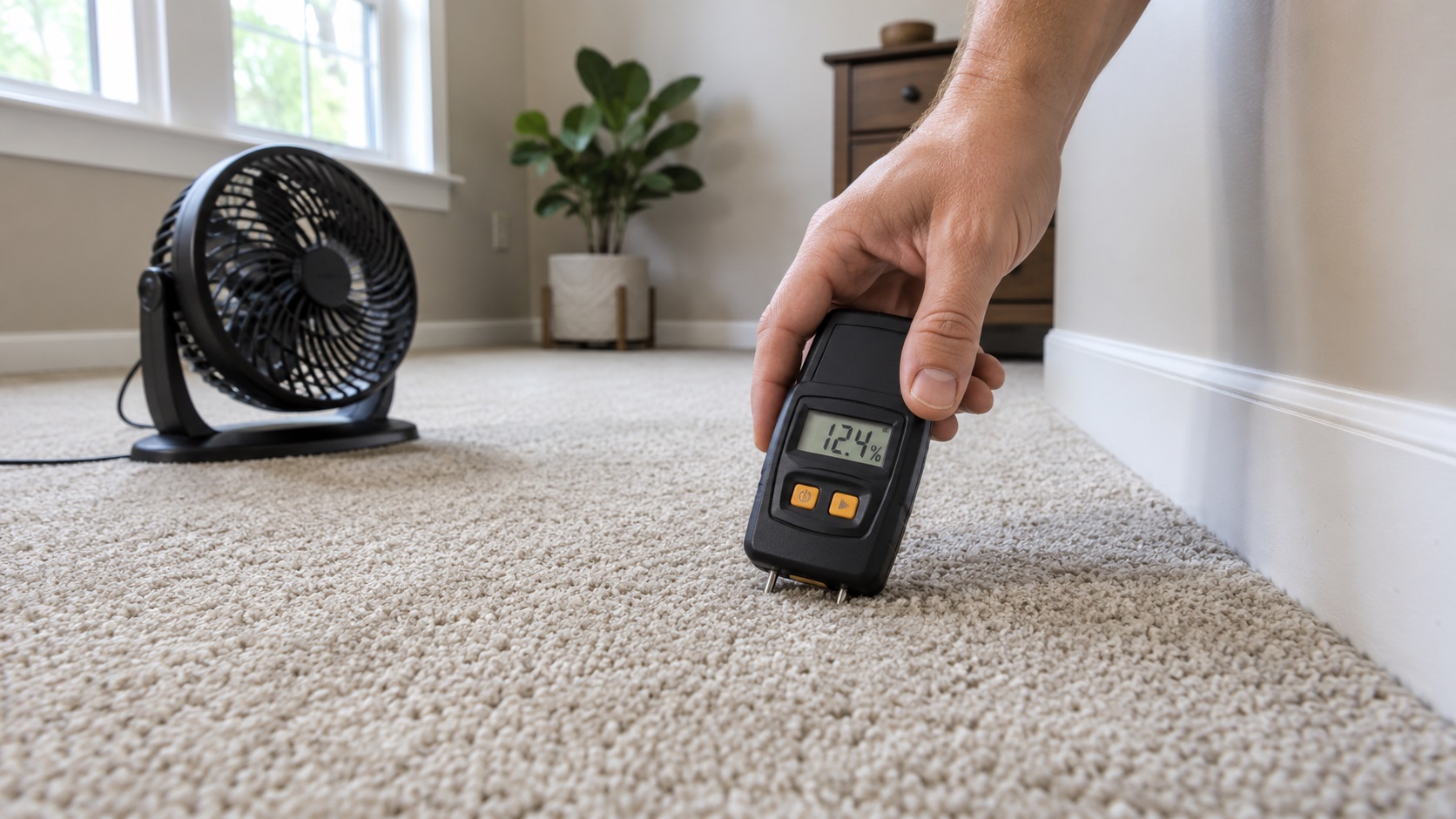 Two-pin moisture meter checking installed carpet near a baseboard with a small fan nearby to help prevent mold under carpet padding.