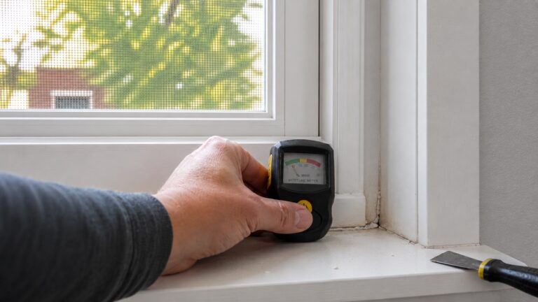 Hand holding a moisture meter against a stained lower window frame with cracked caulk and a putty knife nearby.