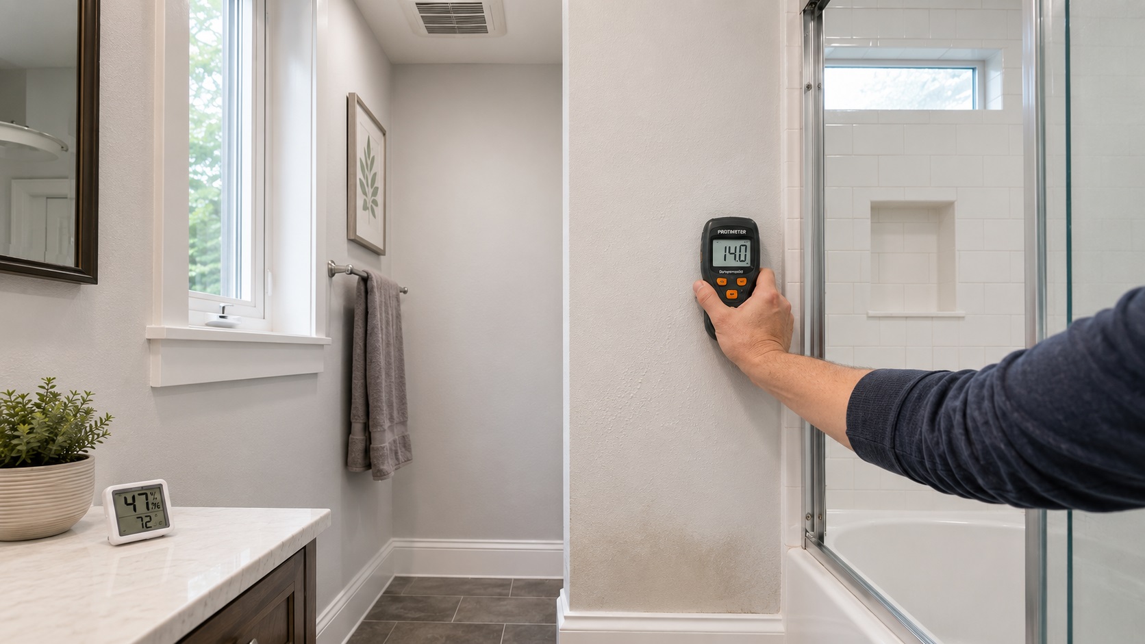 A person uses a pinless moisture meter on a bathroom wall beside a shower, with a hygrometer on the vanity and subtle moisture staining near the baseboard.
