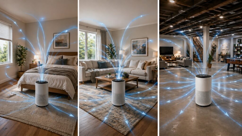 Comparison of small, medium, and large rooms for air purifier coverage