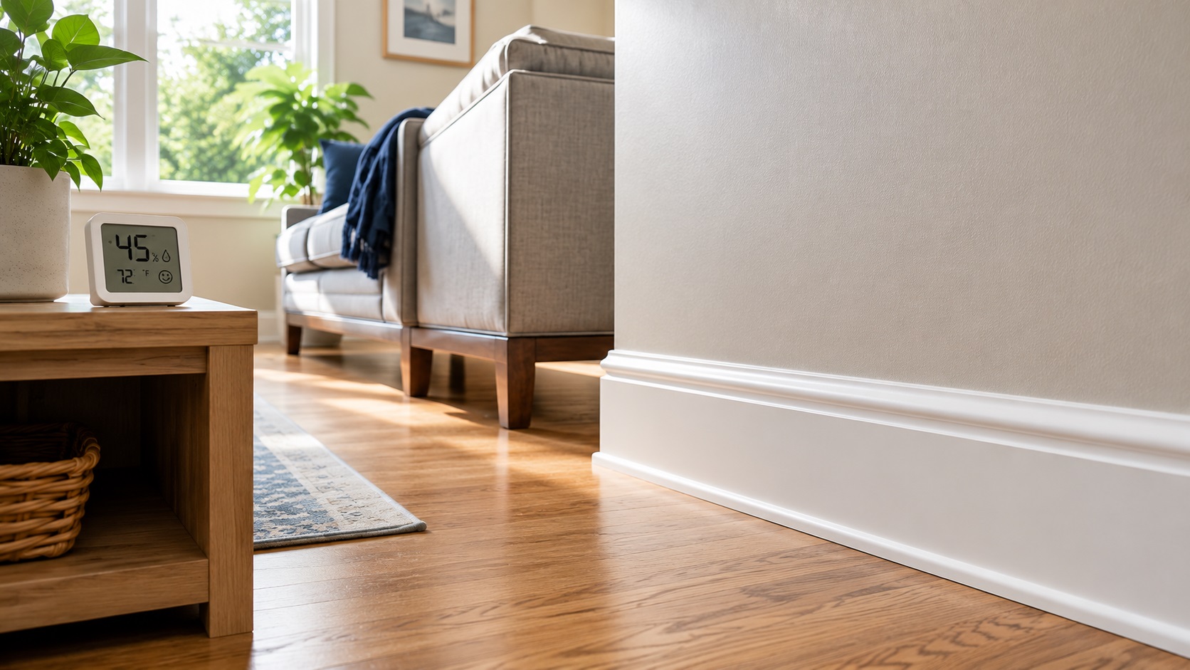 Clean white baseboard and dry hardwood floor seam in a bright living room with a hygrometer showing 45 percent humidity and furniture spaced away from the wall.