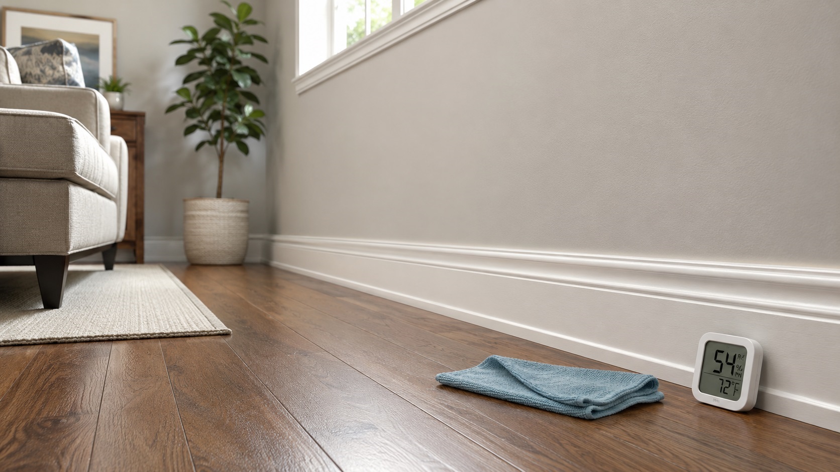 Clean white floor trim with dry hardwood flooring, a hygrometer, and a cloth showing mold prevention around baseboards.