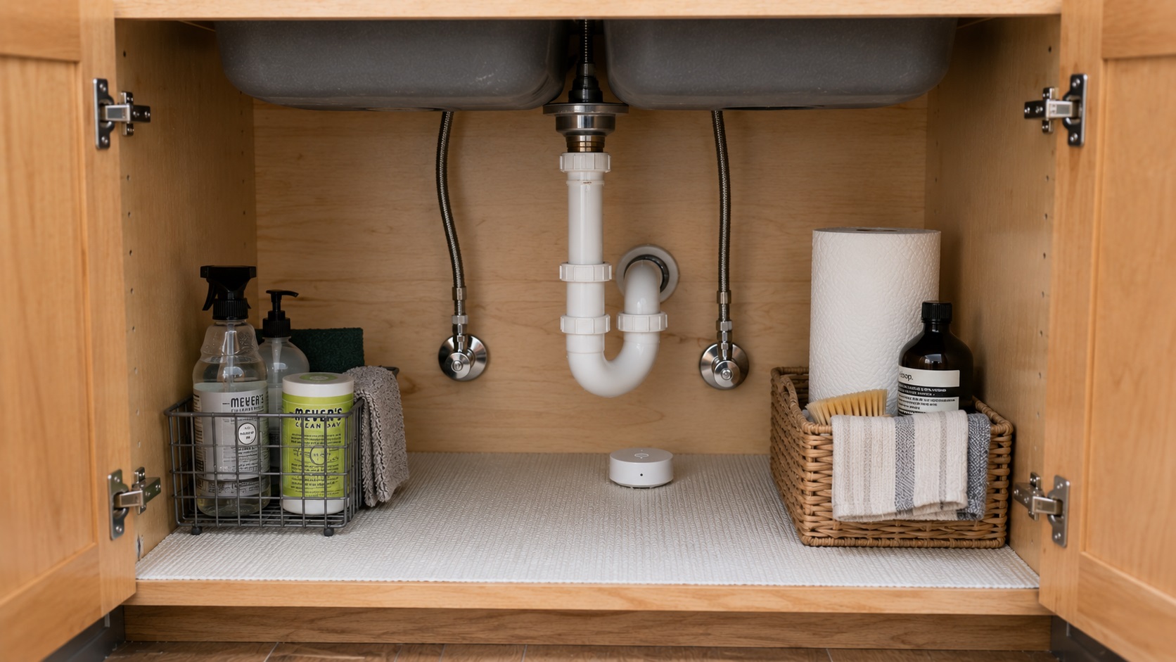 Clean kitchen sink cabinet with open doors, dry liner, centered plumbing, supply lines, P-trap, and a small leak detector for mold prevention.