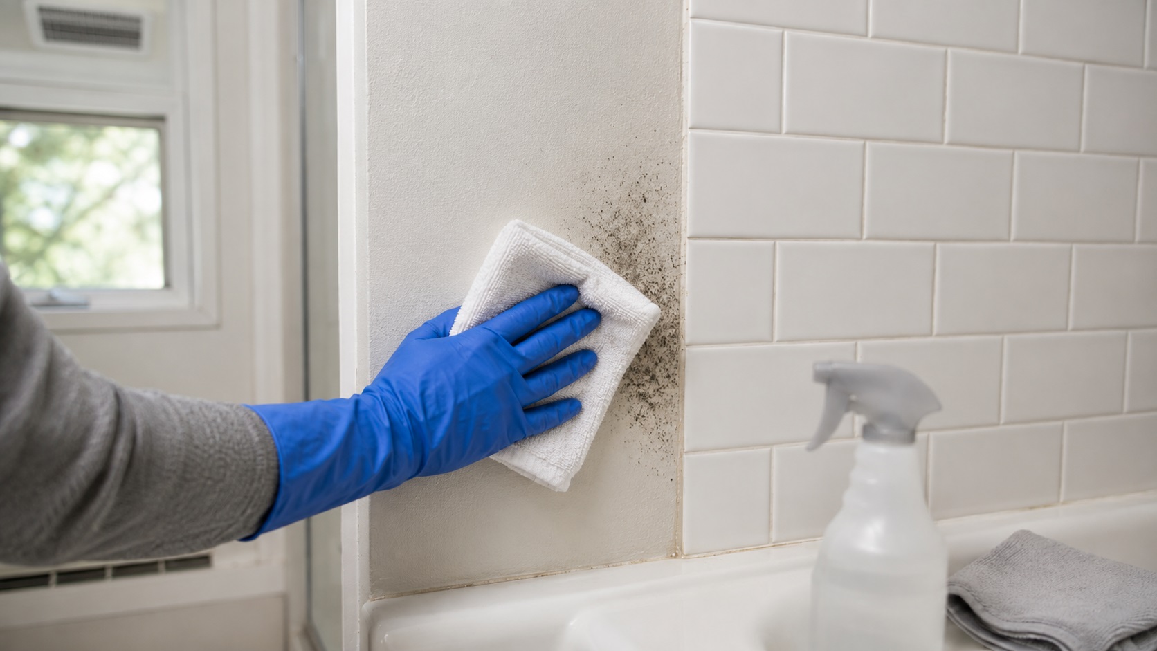 Gloved hand gently wiping a small patch of mold from a painted bathroom wall beside white shower tiles.