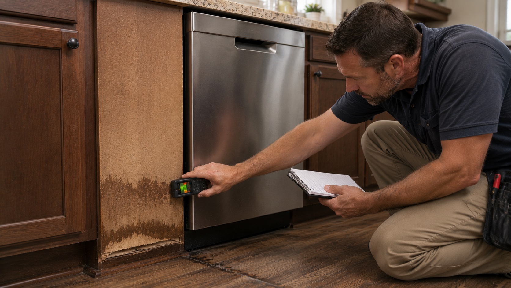 Contractor using a pinless moisture meter to inspect recurring moisture damage along the lower cabinet beside a fully installed dishwasher, with subtle staining and a darkened flooring seam indicating an ongoing hidden leak.
