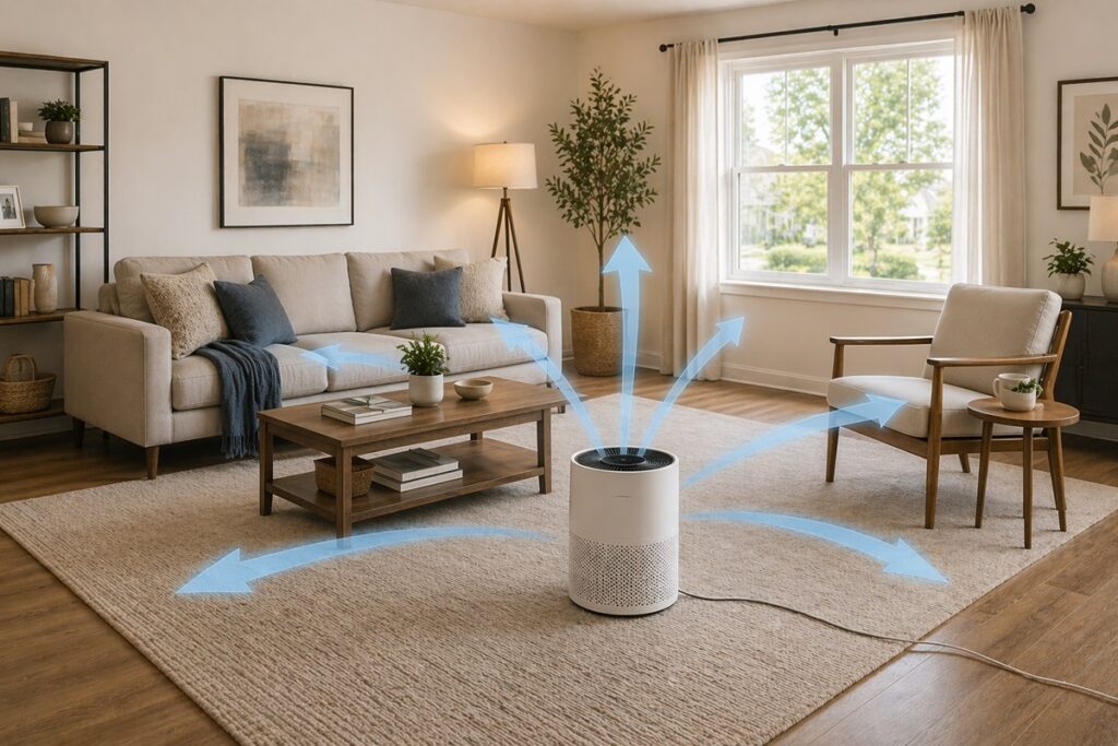 Example of correct air purifier placement in the center of a room
