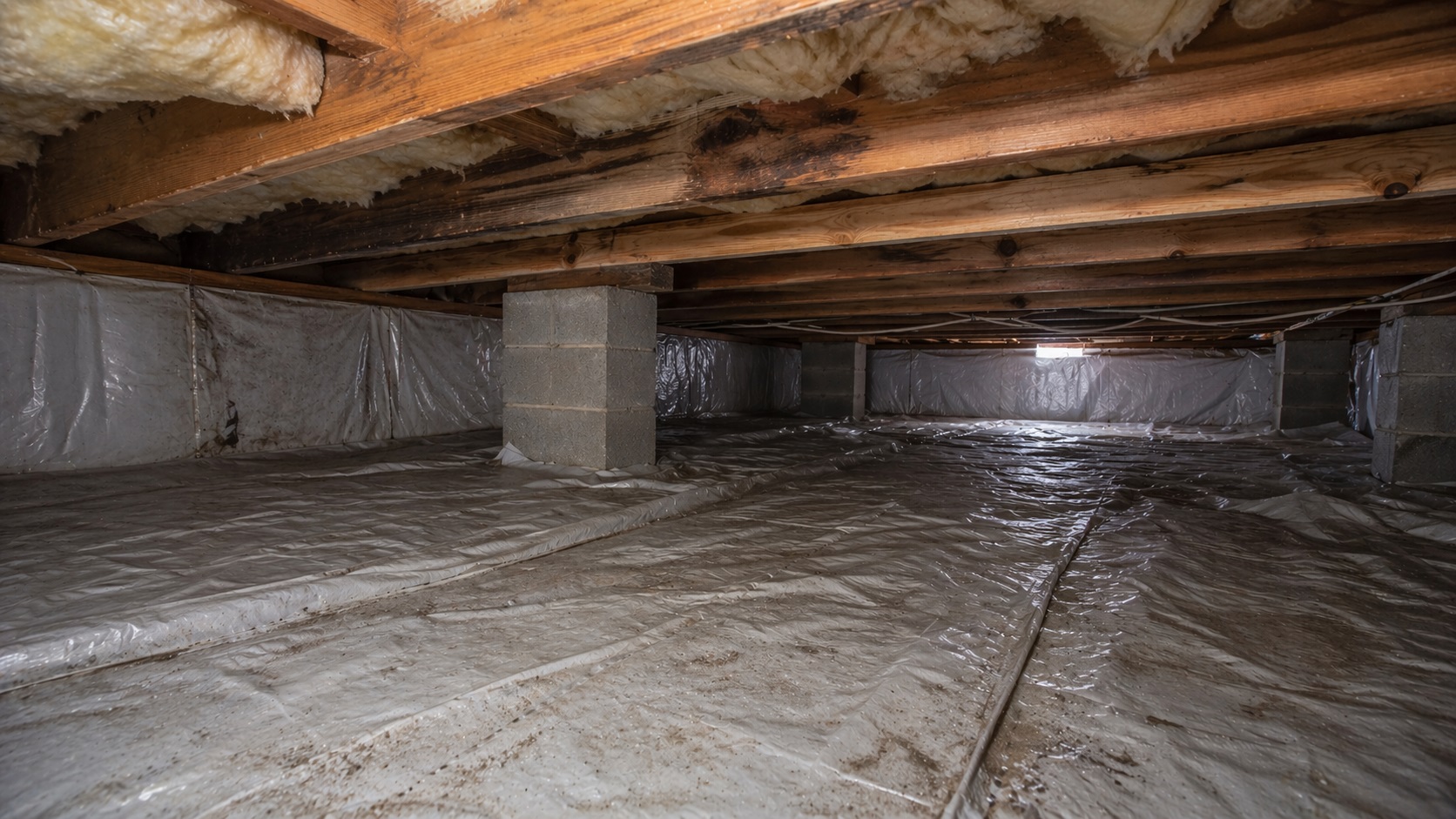 Residential crawl space with vapor barrier and early signs of humidity buildup
