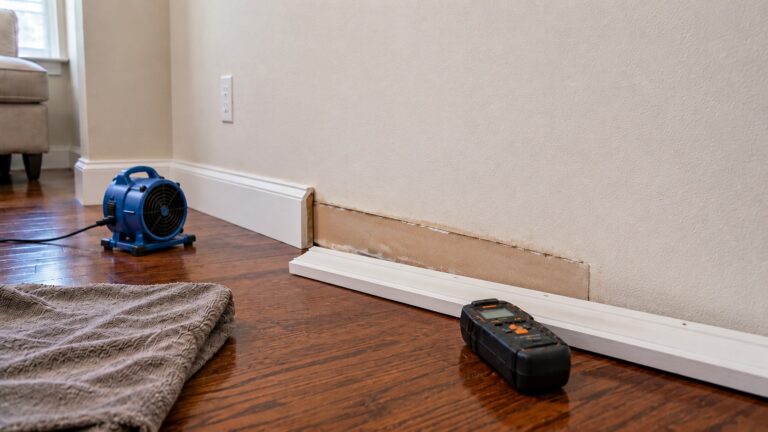 A removed white baseboard lies on a hardwood floor while a fan dries the exposed lower wall after minor water damage.