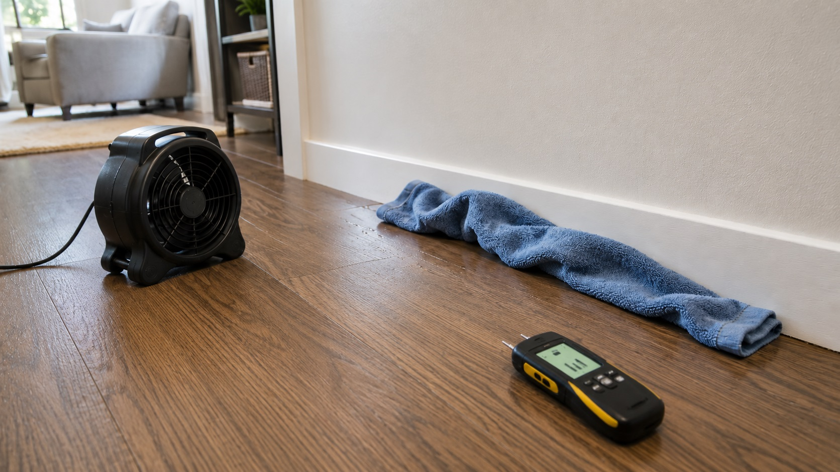 Small fan, damp towel, and moisture meter used to dry wood-look flooring after minor flooding near a baseboard.