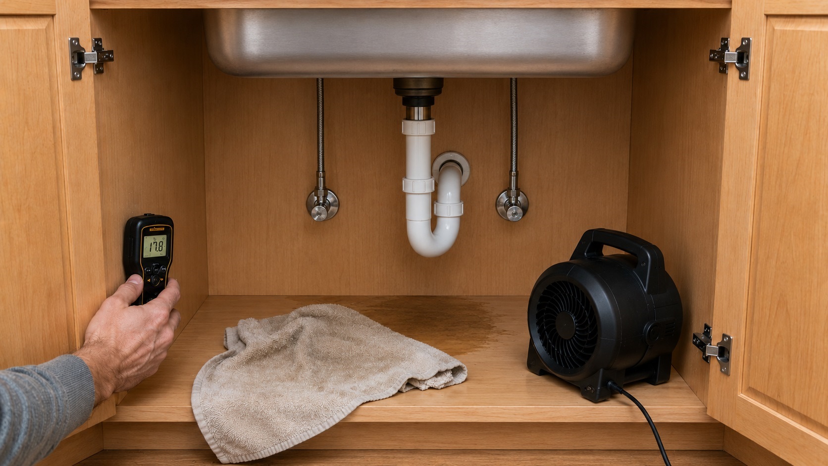 Open kitchen sink cabinet with a towel, fan, moisture meter, and realistic plumbing drying after a small leak.