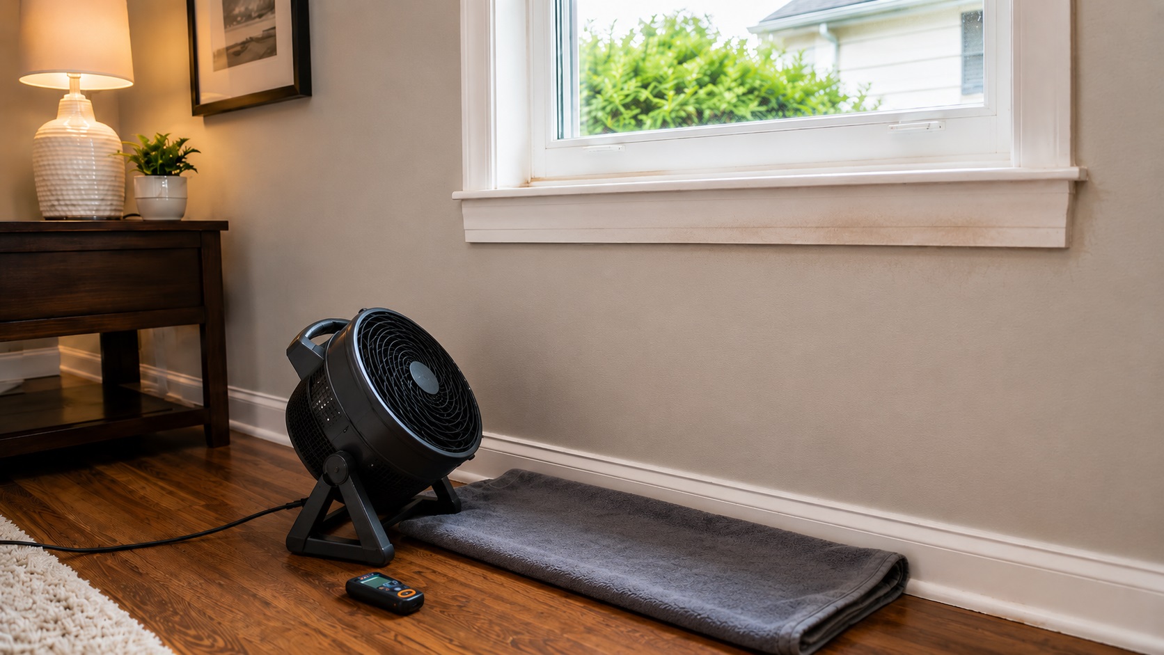 Small fan, towel, and moisture meter drying a damp residential window area after minor water intrusion.