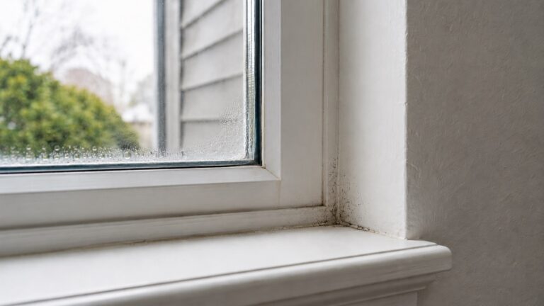Small gray-black mold specks forming in the lower corner of an interior window where condensation has collected along the sill and trim.