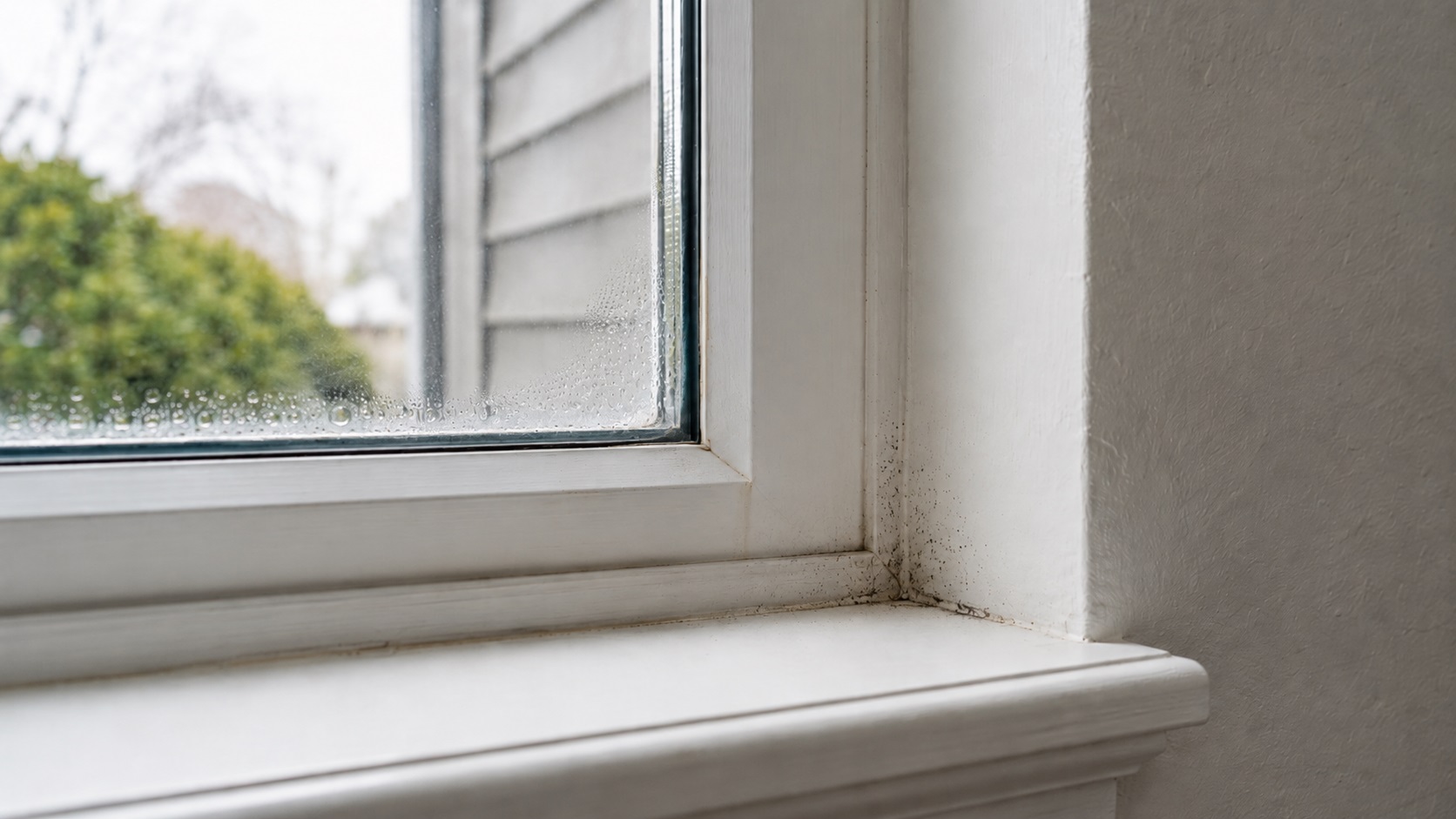 Small gray-black mold specks forming in the lower corner of an interior window where condensation has collected along the sill and trim.