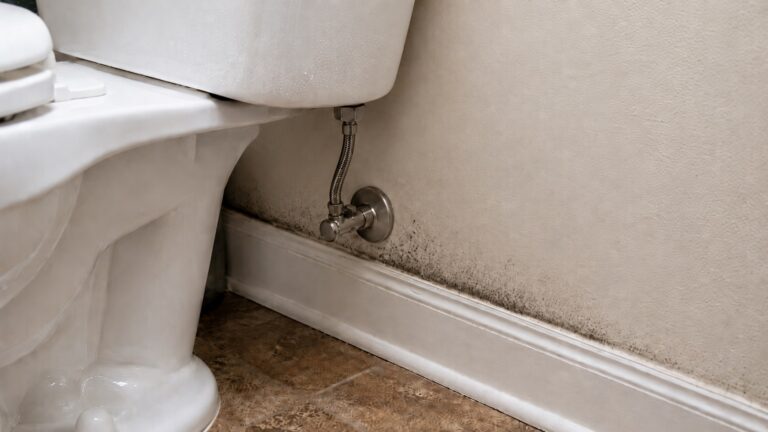 Subtle mold specks and damp staining behind a bathroom toilet near the shutoff valve and baseboard seam.