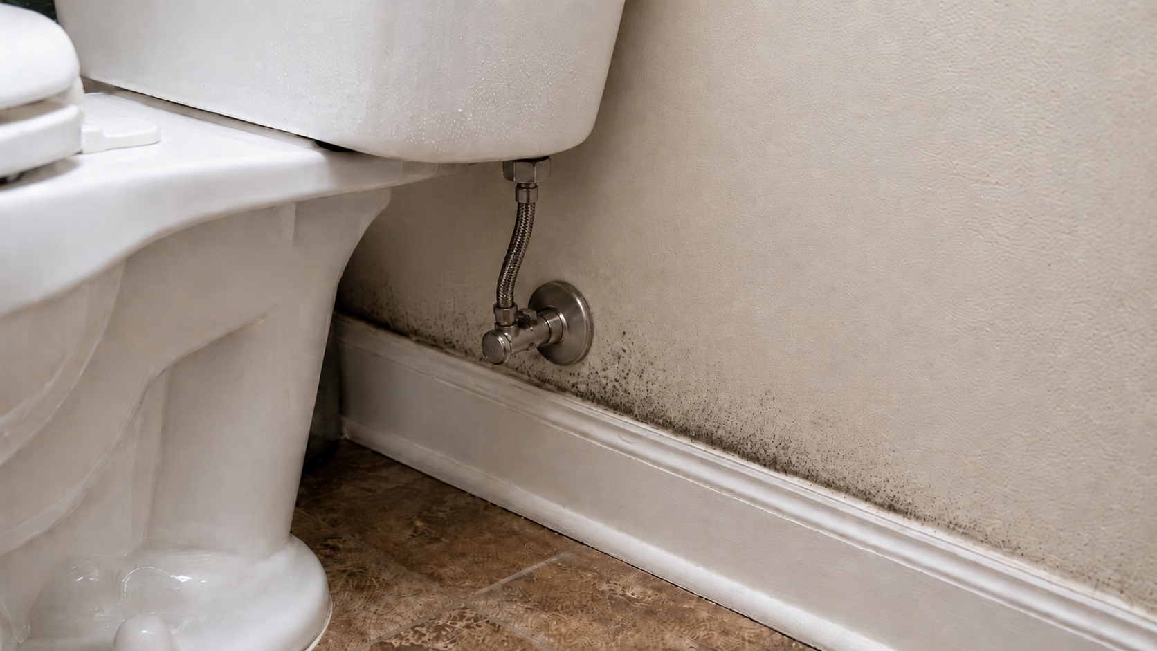 Subtle mold specks and damp staining behind a bathroom toilet near the shutoff valve and baseboard seam.