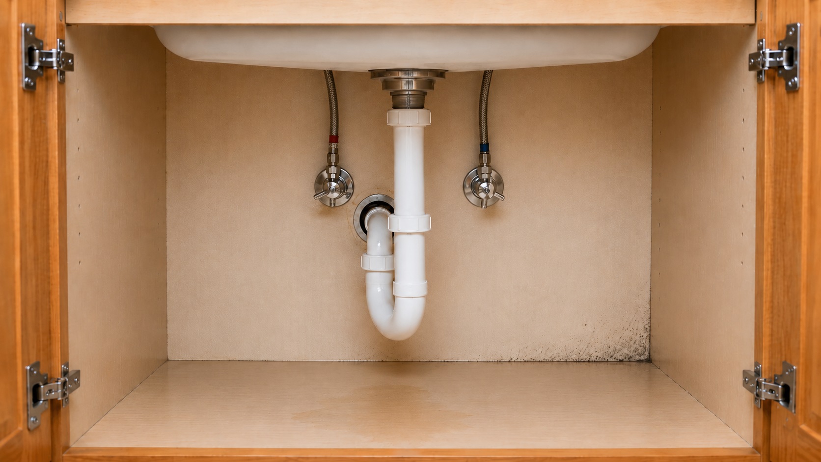 Under-sink kitchen cabinet with centered plumbing, water supply lines, a damp floor stain, and early mold speckling along the back seam.