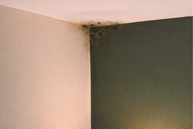 Early-stage mold growth and water staining in ceiling corner caused by excess indoor moisture