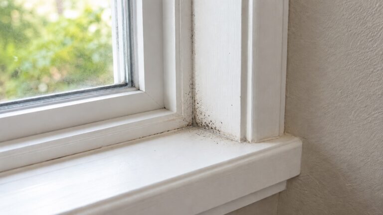 Small black mold specks and faint staining around the lower corner of a white painted window trim and sill.