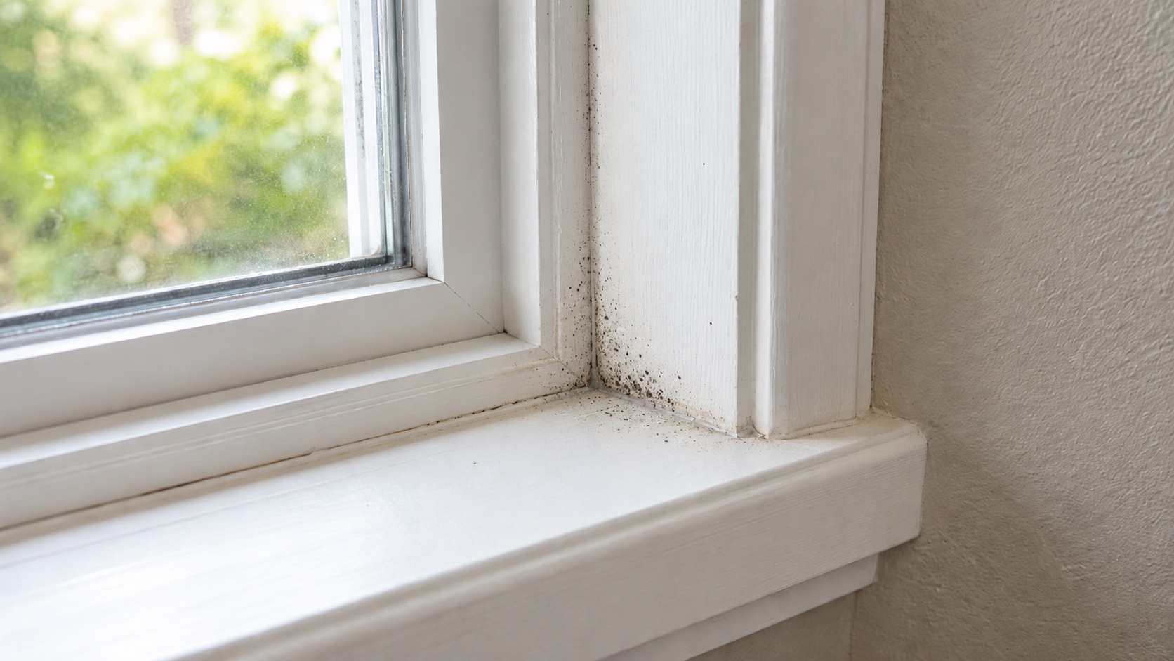 Small black mold specks and faint staining around the lower corner of a white painted window trim and sill.
