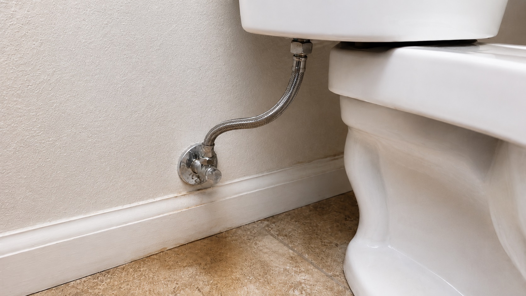 Close-up of a toilet supply line and shutoff valve with subtle moisture signs near the baseboard, showing early plumbing leak prevention.