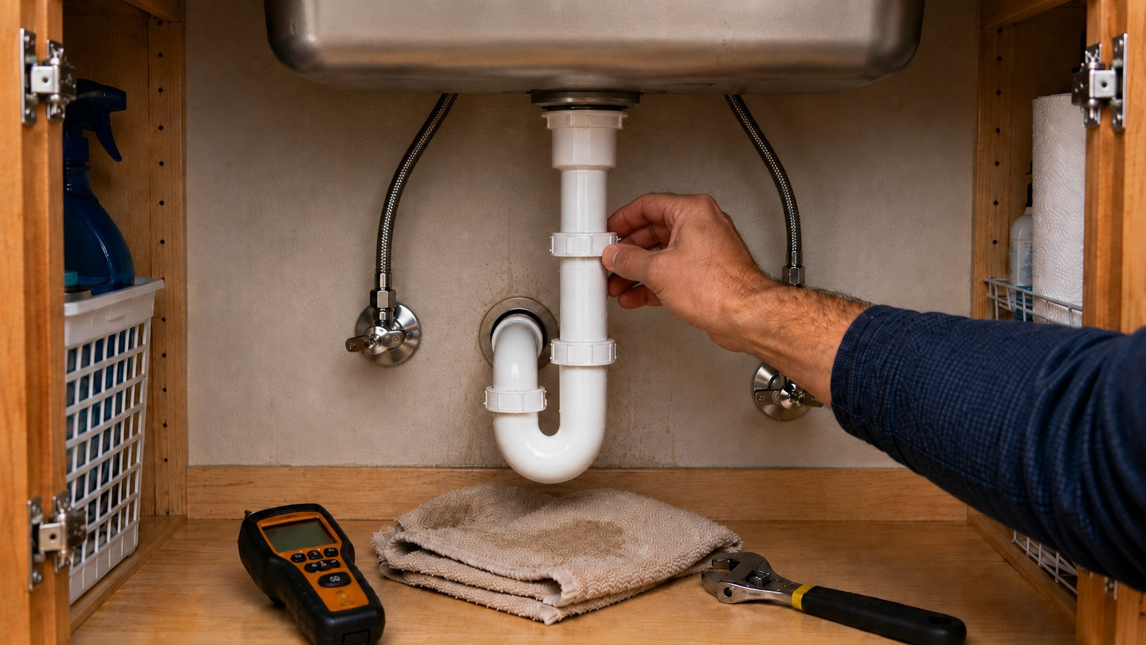 A hand checks the drain fitting beneath a single-basin kitchen sink with a P-trap, two supply lines, a towel, wrench, and moisture meter nearby.