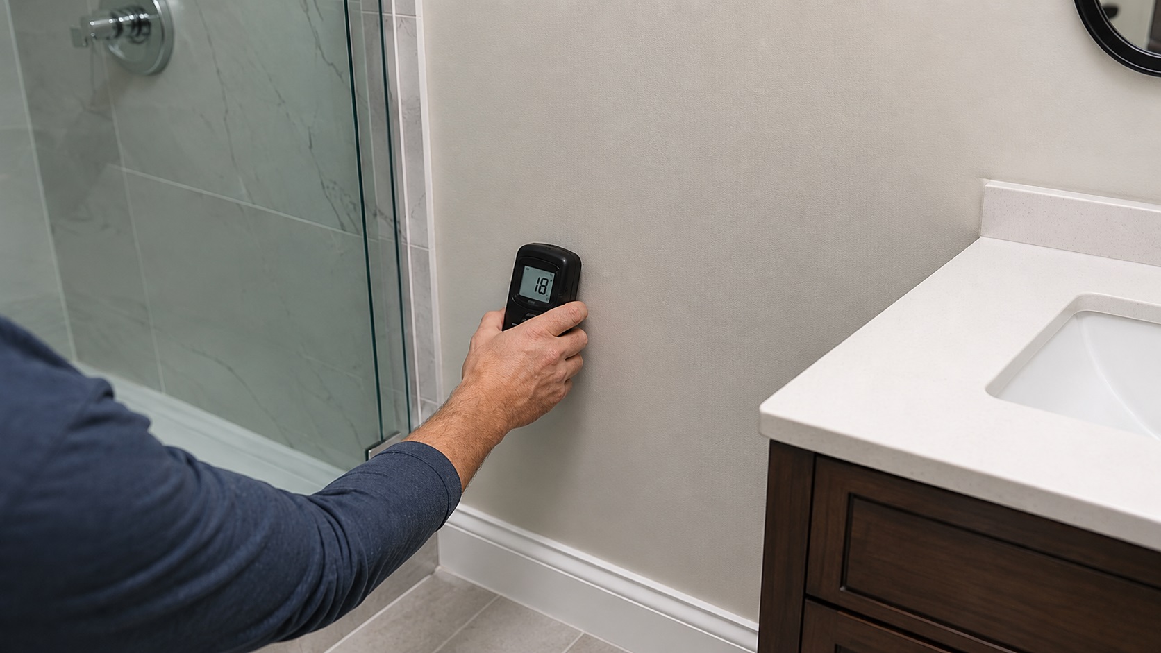 Homeowner using a digital moisture meter on a bathroom wall near a vanity to check for hidden moisture from a slow plumbing leak.