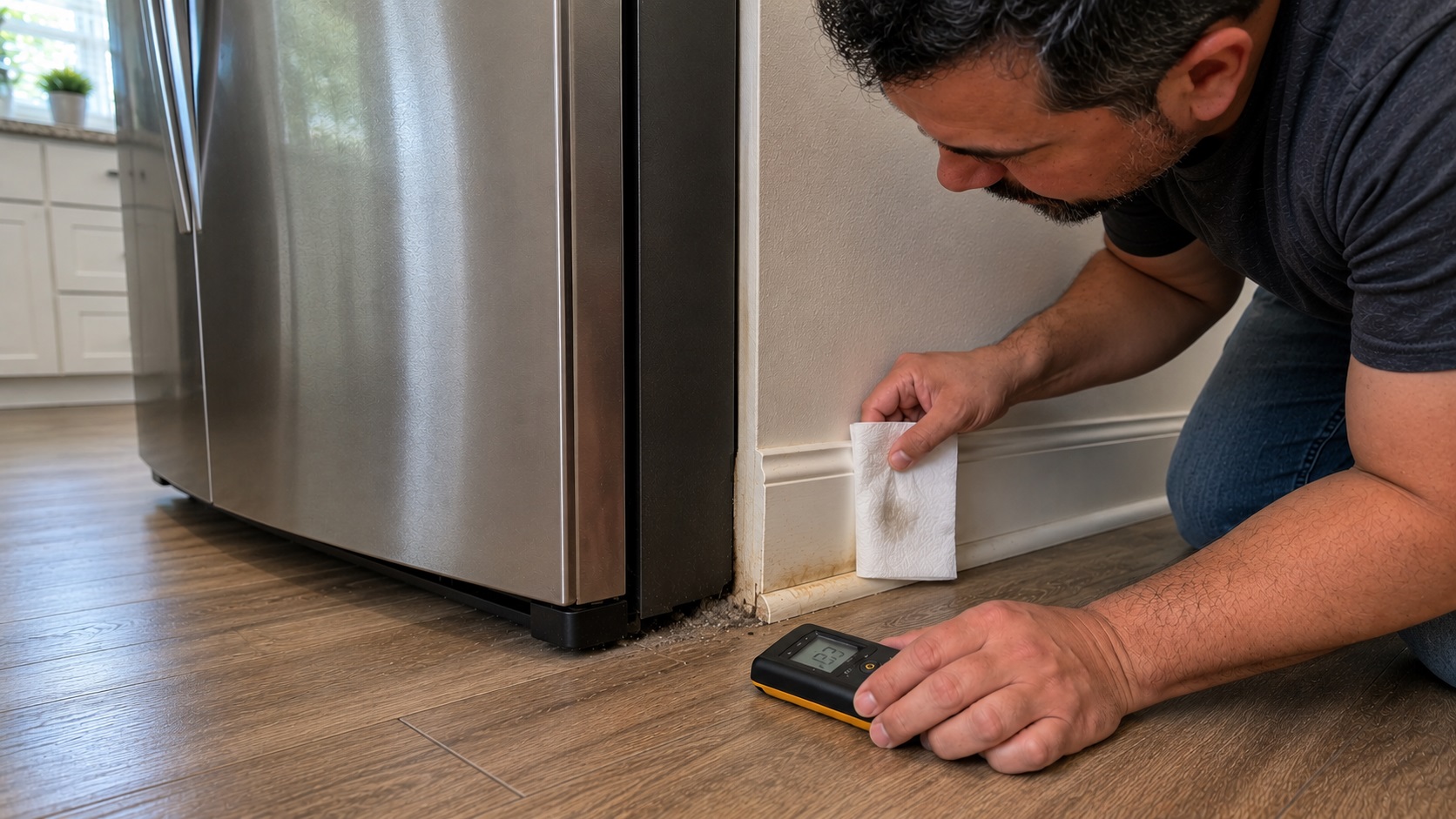 Homeowner using a pinless moisture meter and a paper towel to check for subtle signs of a hidden refrigerator water line leak beside a fully installed refrigerator.