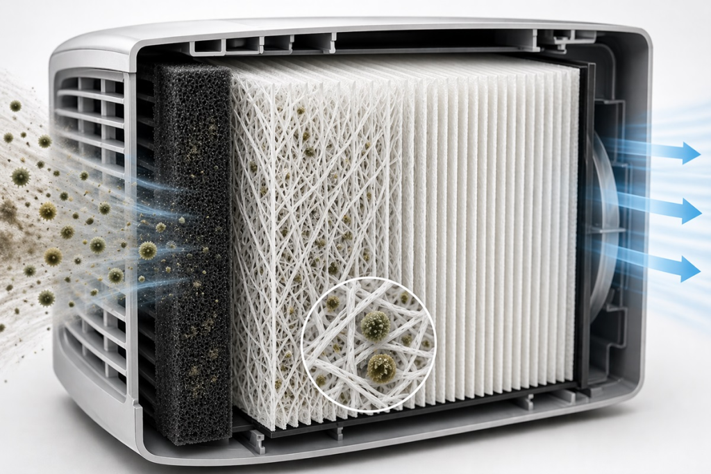 Diagram showing how a HEPA filter traps airborne mold spores