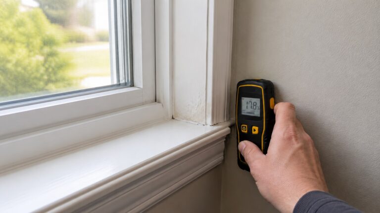 Hand using a pinless moisture meter to inspect subtle moisture around the lower corner of an interior window frame in natural daylight.