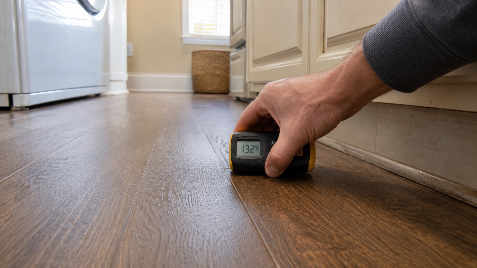 A hand presses a moisture meter against wood-look flooring near a seam and cabinet base to check for hidden moisture.