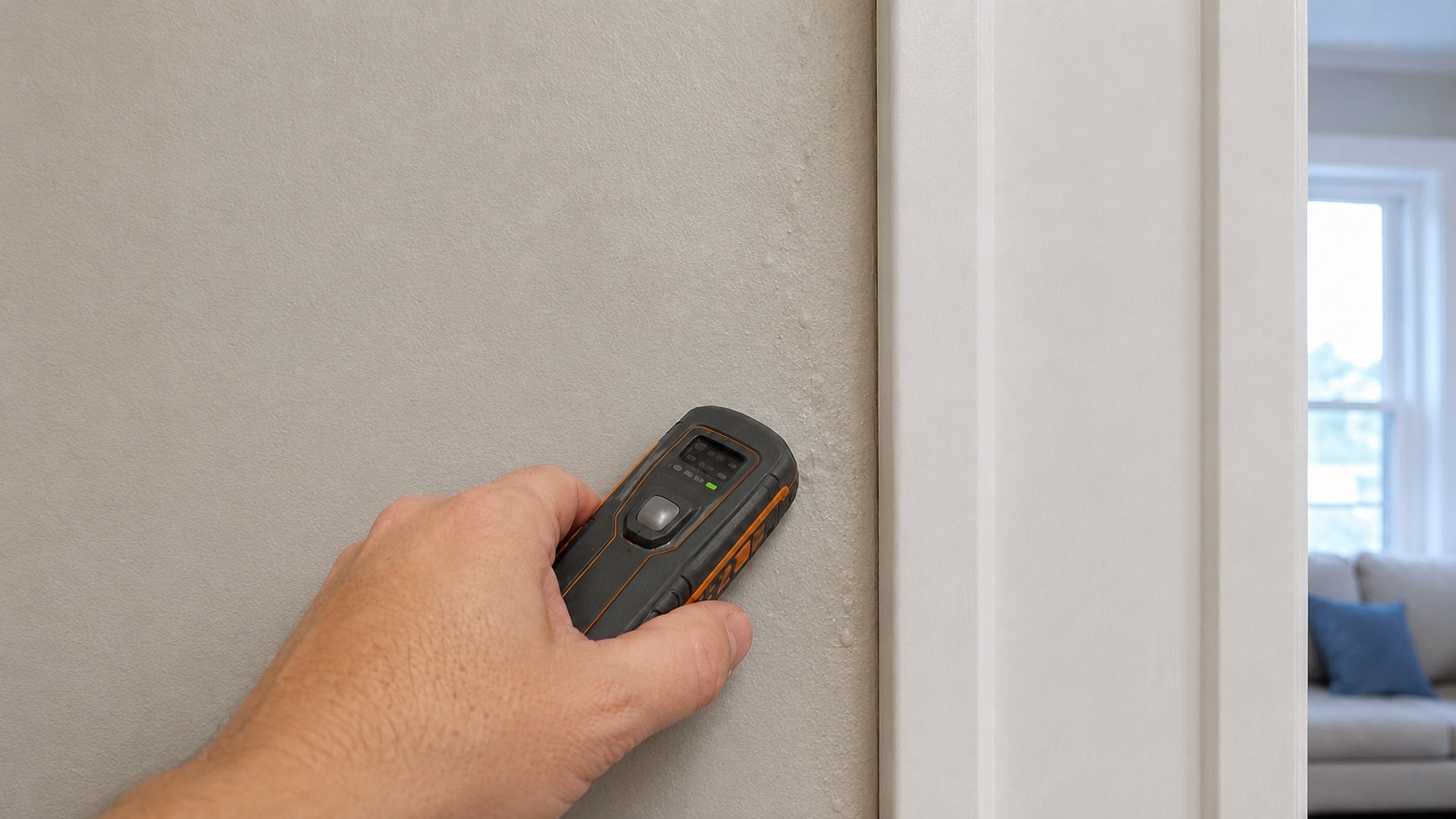 Handheld moisture meter checking a painted wall beside white wall trim with subtle bubbling and faint discoloration along the seam.