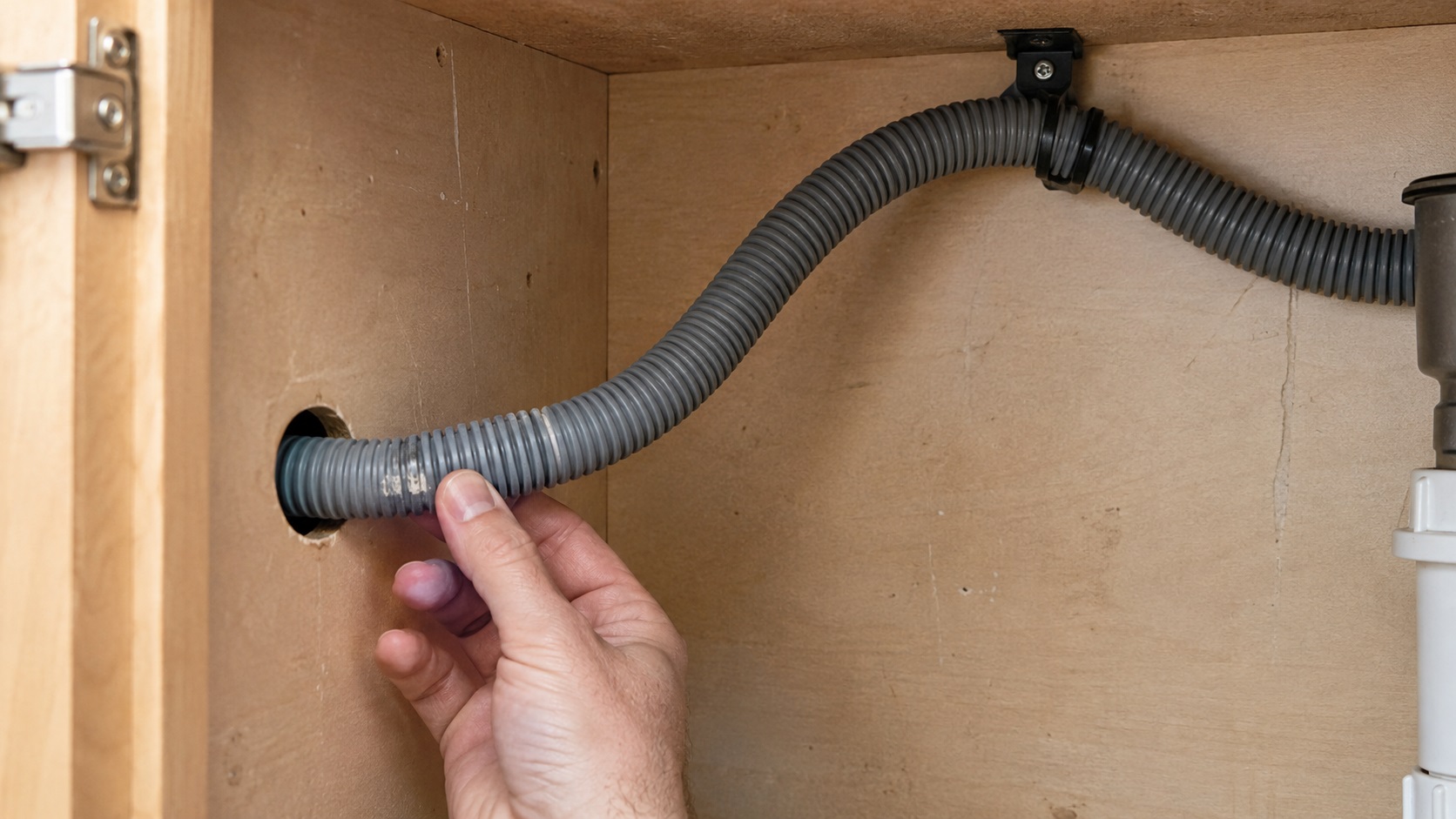 Homeowner inspecting a gray dishwasher drain hose for wear where it passes through the side wall of an under-sink cabinet.