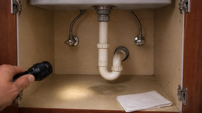 Open under-sink cabinet with realistic drain plumbing, supply lines, flashlight inspection, paper towel, and faint moisture staining on the cabinet floor.