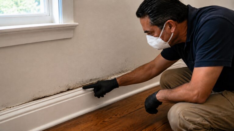 Inspector points to dark mold speckling and staining along a baseboard seam, showing signs of hidden mold behind baseboards.