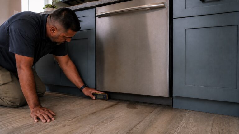 Home inspector using a pinless moisture meter on the floor beside a built-in dishwasher to check for a concealed leak.