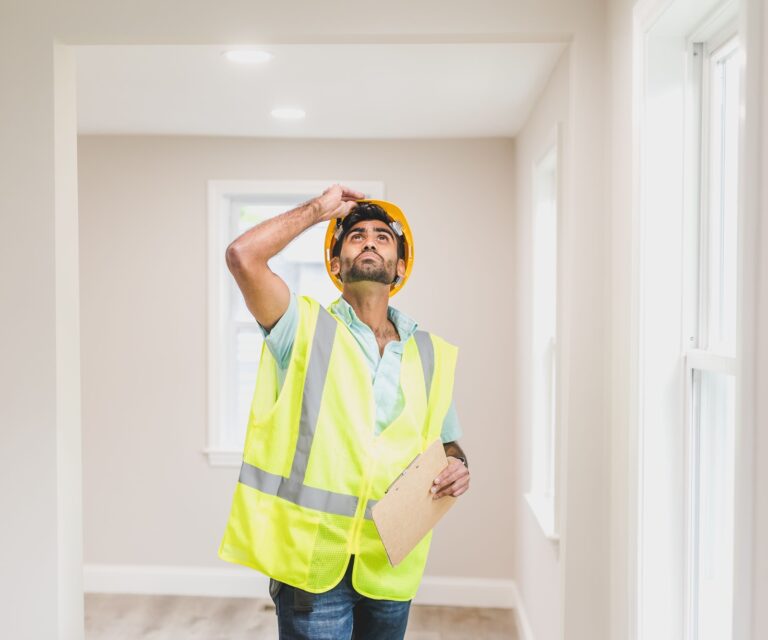 Home inspector checking a ceiling for early signs of a roof leak before mold forms