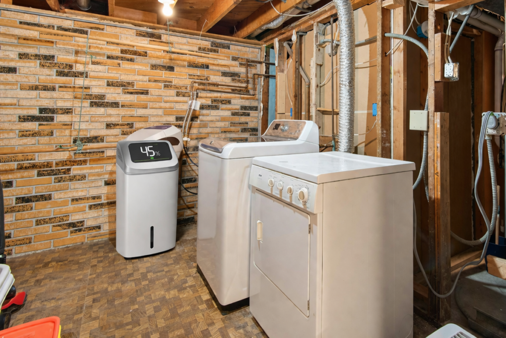 Dehumidifier operating in basement laundry room to reduce humidity and prevent mold growth