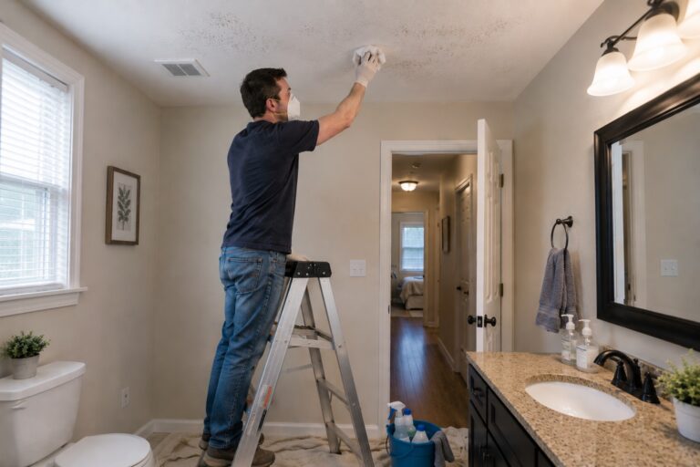 Man wearing safety goggles and a respirator gently cleaning small surface mold spots from painted ceiling drywall with a sponge