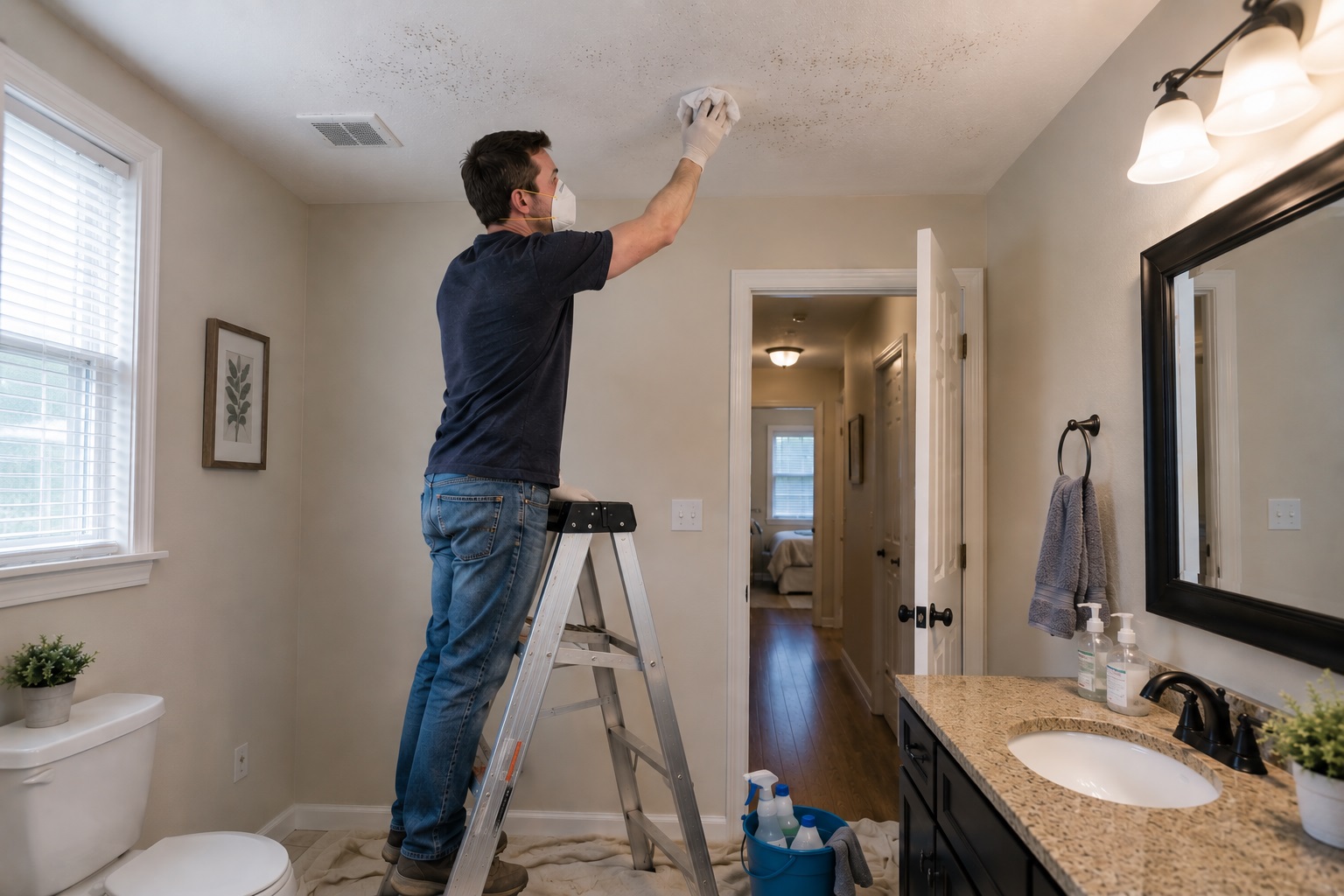 Man wearing safety goggles and a respirator gently cleaning small surface mold spots from painted ceiling drywall with a sponge