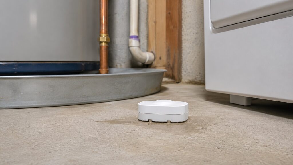 Small white moisture alarm on a concrete utility room floor near a water heater and appliance, positioned to detect early water leaks.