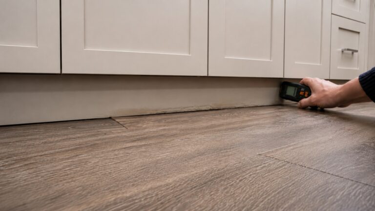 Homeowner uses a moisture meter along a kitchen cabinet toe-kick where faint staining and slight floor lifting suggest hidden moisture under the cabinets.
