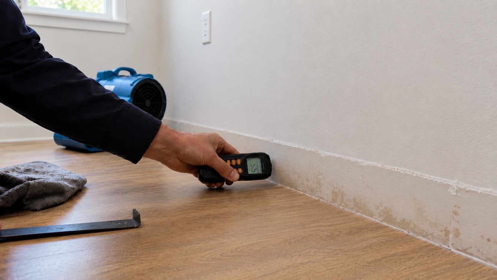 Hand using a moisture meter on unfinished lower drywall after a baseboard was removed, with a flatbar, towel, and air mover nearby.