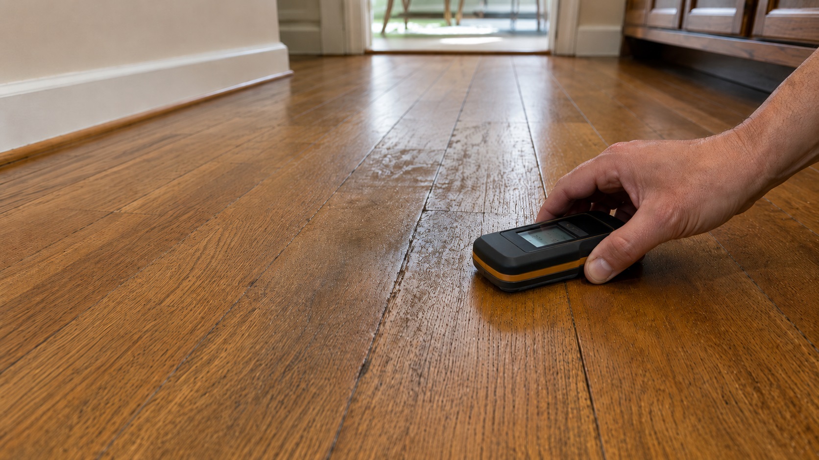 A hand presses a pinless moisture meter against a hardwood floor with subtle dark seams and dull finish patches that may indicate hidden moisture.