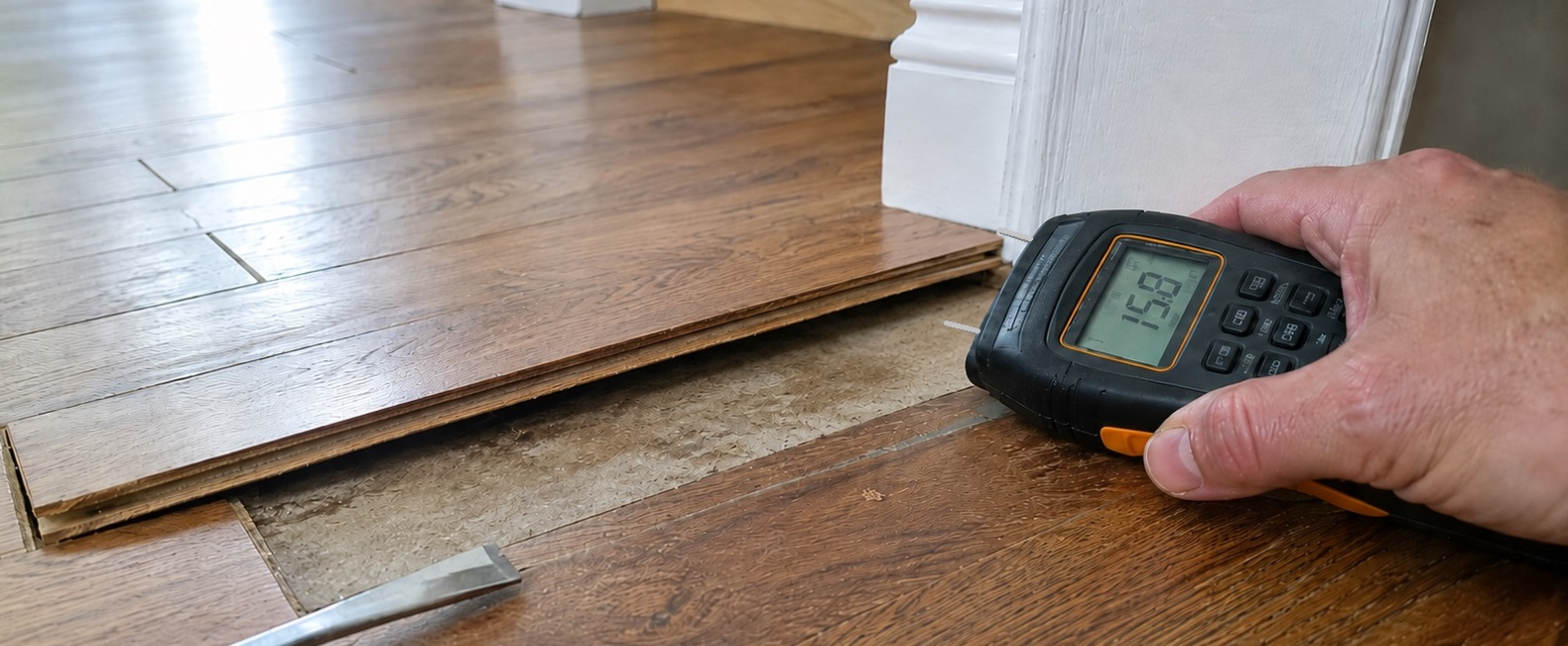 Moisture meter testing a lifted wood floor edge near exposed stained subfloor during a residential floor moisture inspection.